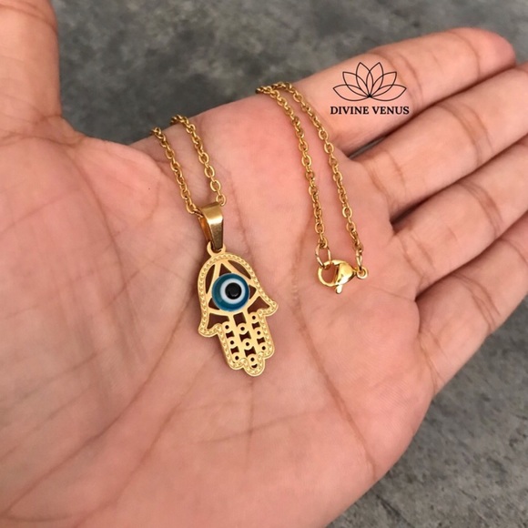 Evil Eye Hamsa Necklace | Gold Plated Stainless Steel | Handmade - Picture 4 of 7